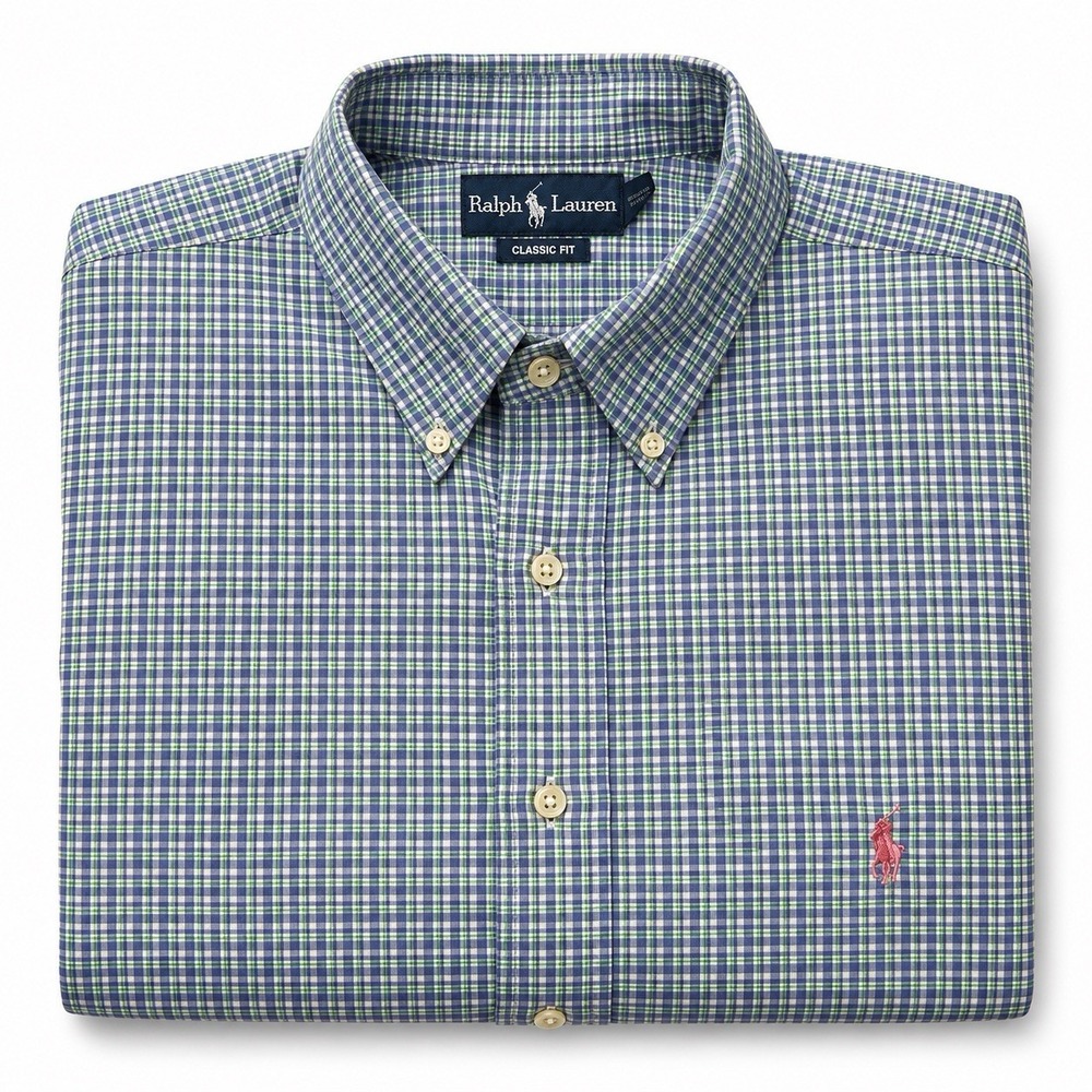 Ralph Lauren Mens 3XLT Tall Short Sleeve Button Down Shirt Blue Green Plaid